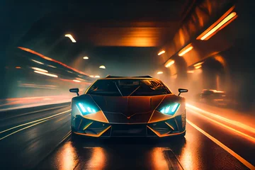 Foto auf Acrylglas Autos Sports car racing in the night.  Generative AI.