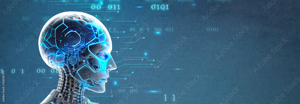 Poster artificial intelligence, humanoid cyborg with neural network thinks. artificial intelligence with di
