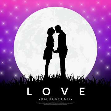 Silhouette of lovers in a full moon at night background. Concept of love and Valentine's day, Love couple wallpaper. Vector illustration.