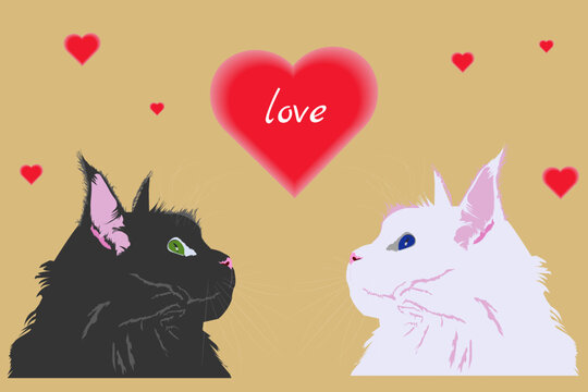Vector illustration, valentine, banner, wallpaper, print for fabric, two cats look at the heart with the inscription love
