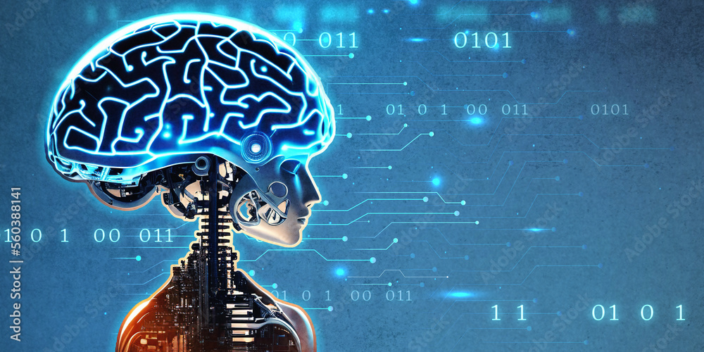 Poster artificial intelligence, humanoid cyborg with neural network thinks. artificial intelligence with di