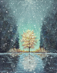 Winter Vertical Acrylic painting Shining flowering tree among mountains reflected in water fantastic fairytale landscape illustration