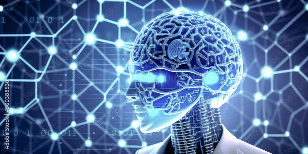 Poster ai digital brain. ai. digital brain with blue neural connection lines and glowing dots. big data and