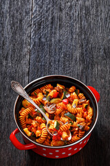 Vegetable with Pasta  in red pot, top view