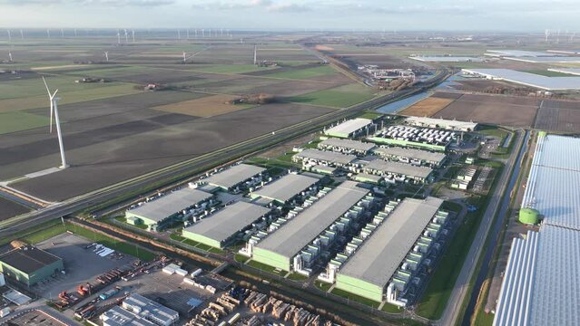Datacenter building computing and data infrastructure. Aerial drone overhead view.Hollands kroon industrial zone. Landscape aerial.