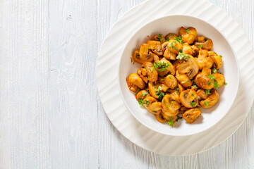 Spanish Garlic Mushrooms in bowl, top view