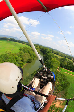 In-cockpit view of a man flying his Airborne Classic ultralight trike over the Sequatchie River near Jasper, TN.