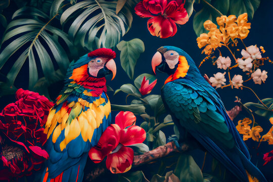 Pattern with beautiful parrots and tropical leaves. Birds background. Generative AI.
