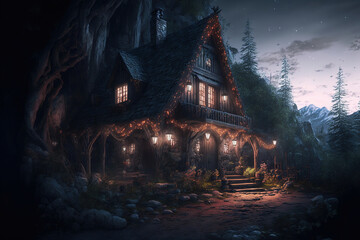 Fototapeta na wymiar cabin house in the mountains at night