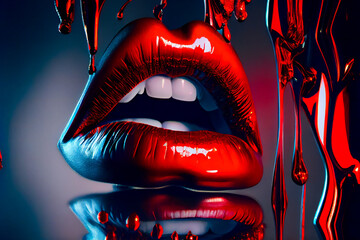 Lips with colorful splashes. Glossy colored and sexy Lips.  Generative AI.