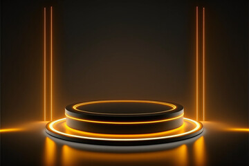 Orange neon around black display stage pedestal, futuristic product showcase, glowing background, 3d illustration.