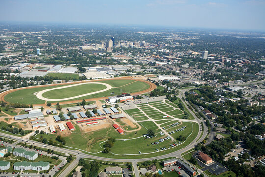 Aerial View Of The Red Mile Racetrack And Downtown Lexington, KY.