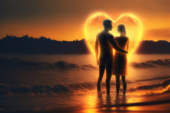 Soulmates on a fantasy sunset with a love heart in golden light. Generative AI, this image is not based on any original image, character or person.