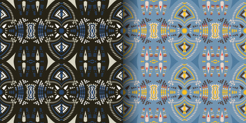 Aztec, Navajo geometric seamless patterns. Native American Southwest prints. Ethnic design wallpaper, fabric, cover, textile, rug, blanket.