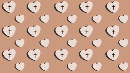 A seamless pattern of yellow and black hearts with little crosses in the middle, and a minimalist brown background..