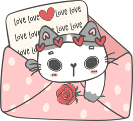 Cute happy smile kitty cat in Love letter cartoon doodle