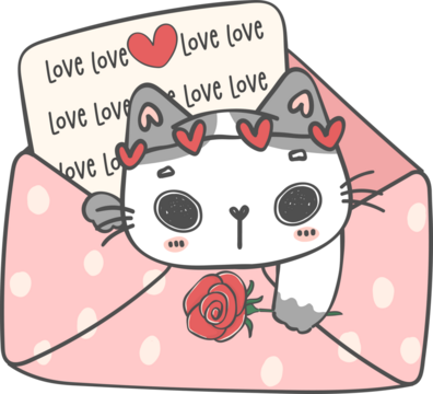 Cute happy smile kitty cat in Love letter cartoon doodle 