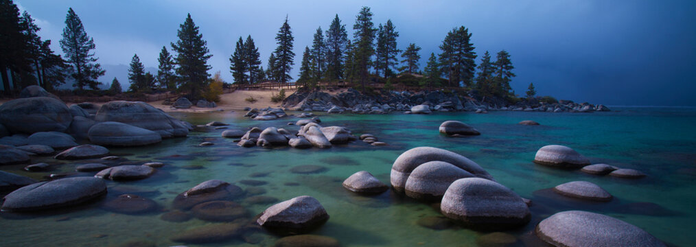 The sandy shores and rocky waters of Sand Harbor State Park located on the Nevada side of Lake Tahoe, USA.