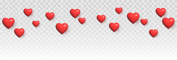 Vector realistic heart png. Hanging hearts png. Volumetric red hearts png. Love banner with hearts. Hearts for Valentine's Day, March 8, Mother's Day.