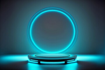 Neon blue showcase, futuristic product display stage pedestal with glowing background, 3d illustration.