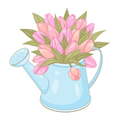 Gentle spring illustration. Tulips in a garden watering can. Cartoon style. vector illustration. Isolated on white.