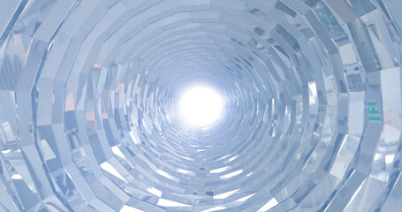 A rotating silver metal chrome shiny tunnel with walls of ribs and lines in the form of a circle with reflections of luminous rays. Abstract background