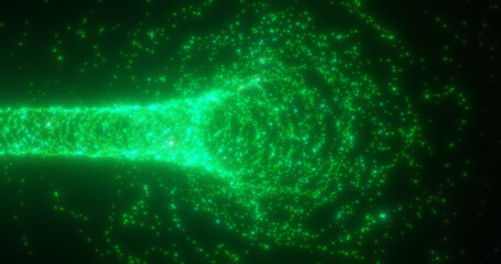 Abstract green tunnel swirling from particles and dots of glowing bright futuristic hi-tech with a blur effect on a dark background. Abstract background
