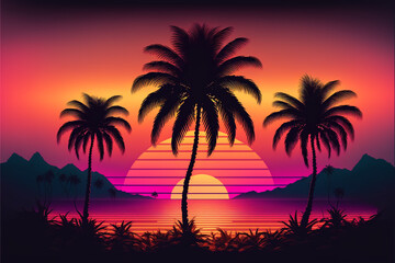 Obraz na płótnie Canvas Synthwave sunset, landscape with palm trees, retro wave, generative ai.