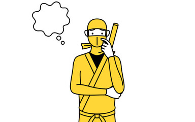 顔をかきながら考える忍者のコスプレをした男性