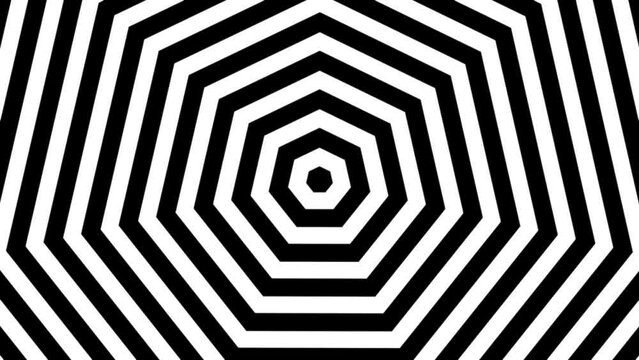 Pulsing striped center heptagon minimal black and white background loop. Hypnotic heptagonal concentrate seamless backdrop. Attracting attention bright creative design.