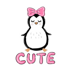 Cute Penguin girl with pink bow vector illustration. Funny Cartoon animal. Can be used for kids or babies t shirt design. Happy little girl Penguin with lettering