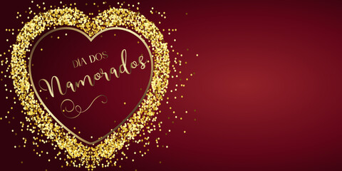Obraz na płótnie Canvas cartão ou banner em um feliz dia dos namorados na Borgonha em um coração de cor dourada em um fundo gradiente de Borgonha com glitter de cor dourada