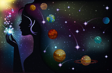 Birth of a star, Galaxy gril and planets, vector illustration © CaroDi