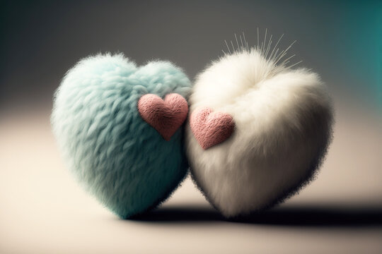 Two fluffy puffy furry hearts for Valentine's Day. Generative AI.