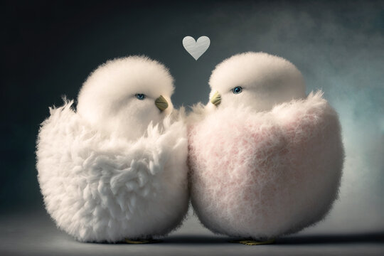 Couple of two cute fantasy baby chickens in love. Generative AI.