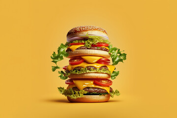 Big beautiful juicy burger with meat and vegetables. Big hamburger on yellow background. Generative AI