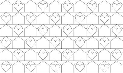 valentine's day house and hearts, illustration in the shape of a chessboard on a neutral background; also for schools, workshops, for printing and color filling.