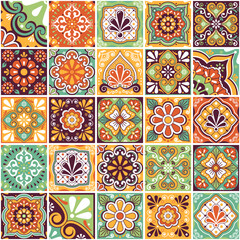 Mexican traditional tiles big collection, talavera vector seamless pattern perfect for wallaper, textile or fabric print - retro colors 