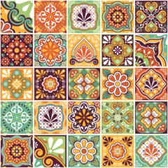 Gordijnen Mexican traditional tiles big collection, talavera vector seamless pattern perfect for wallaper, textile or fabric print - retro colors  © redkoala