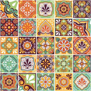 Mexican traditional tiles big collection, talavera vector seamless pattern perfect for wallaper, textile or fabric print - retro colors
