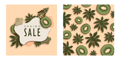 set with banner and background with inscription spring sale for instagram with kiwi, tropical leaves. Bright poster, flyer with an invitation to go shopping. Discount offer template.Vector