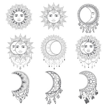 Set moon Vector illustration template design. Line art in esoteric symbols. Mystical design.