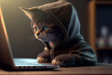 Fototapeta Anthropomorphic tiny cute and adorable baby cat, hacker, wearing a Hoodie, dim light shining on face, seated at a computer desk obraz