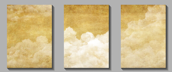 Old paper vector texture with white clouds and sky for cover design, cards, flyer, poster. Vintage dirty watercolor art backdrop. Hand drawn set watercolour aged illustration for design interior.