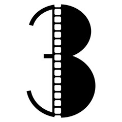 Logo aislado con cifra número 3 con forma de tira de película retro. Filmstrip. Rollo de tira de película de vídeo. Tira de cinta de película fotográfica