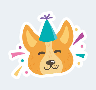 Cute smiling dog character head in festive hat celebrates birthday. Vector illustration in cartoon sticker design