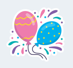 Colorful balloons with confetti for celebration birthday party. Vector illustration in cartoon sticker design