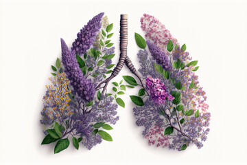 Human lungs overgrown with vegetation and purple lavender, generative ai