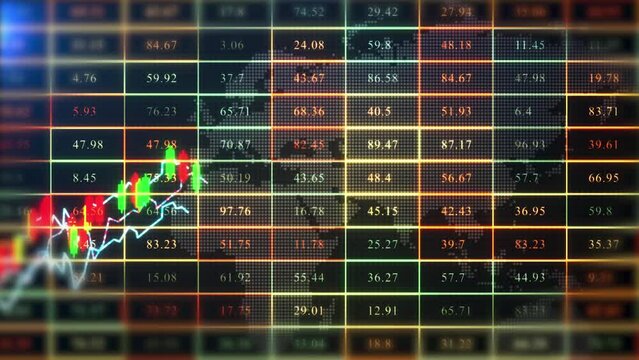 Stock Chart With Candle Stick Patter Rising With Number Animation Background, Stock Market Analysis Grid Chart Data Moving Background
