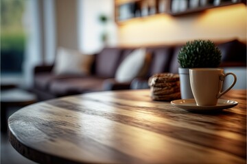Fototapeta na wymiar Wood tabletop blurred modern cozy living room, ai generated